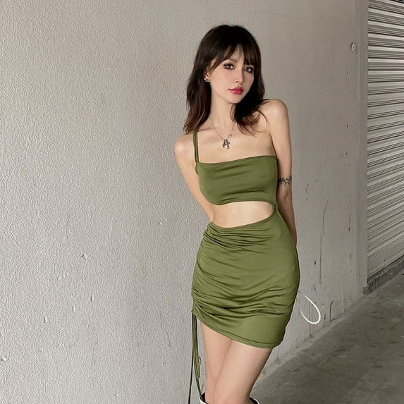 SAYOO Women's Bodycon Sleeveless Dresses, Oblique Shoulder Pleated Solid Color One Piece Skirt for Summer