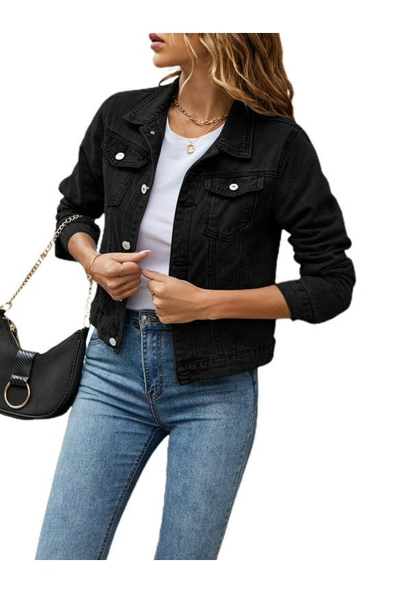 Women's Denim Jackets Oversize Long Sleeve Solid Color Basic Button Down Jean Jacket Coat with Pockets