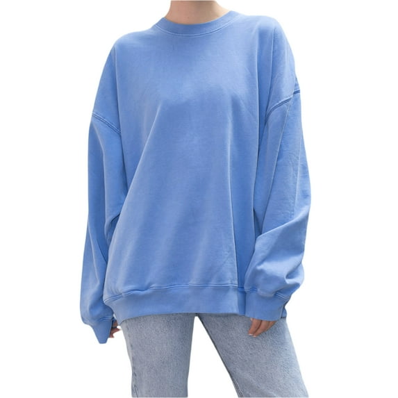SAYOO Women's Solid Color Pullover Tops, Long Sleeve Round Neck Drop Shoulder Sweatshirt