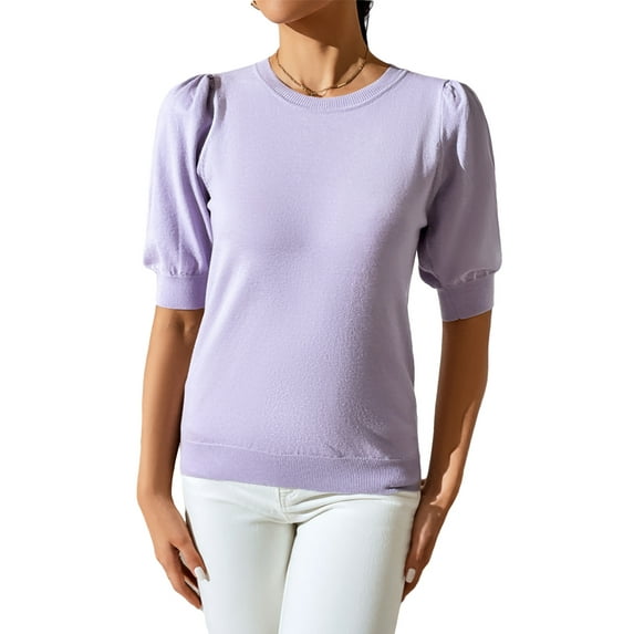 SAYOO Women's Summer Knit Tops, Short Puff Sleeve Round Neck Solid Color Slim Fit T-Shirts
