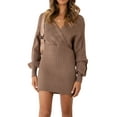 thumbnail image 1 of SAYOO Women's Summer Knitting Dress, Solid Color Twist Jacquard Long Sleeve Deep V Neck Slim Mini Dress, 1 of 8