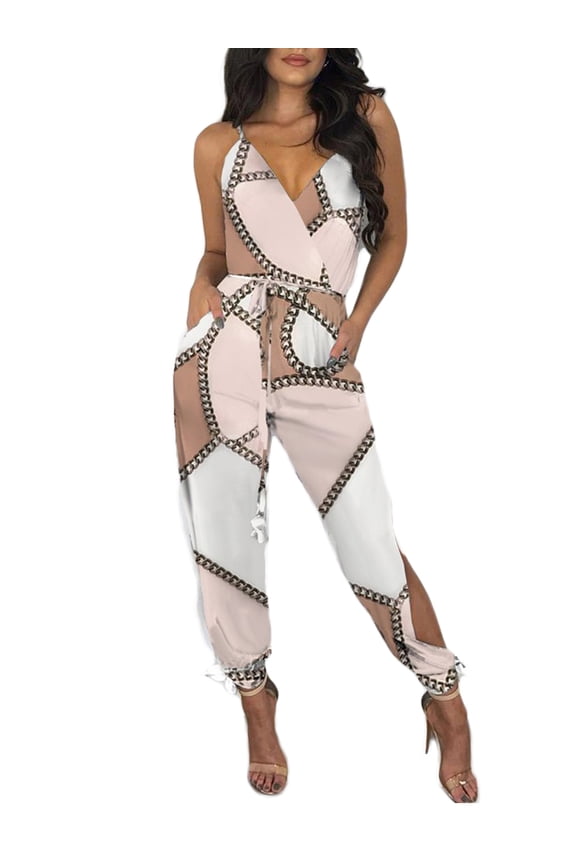 ummer Women Casual Sleeveless V-neck Jumpsuit 2022 Ladies Boho Floral Bodysuit Loose Long Side Split Pants Plus Size