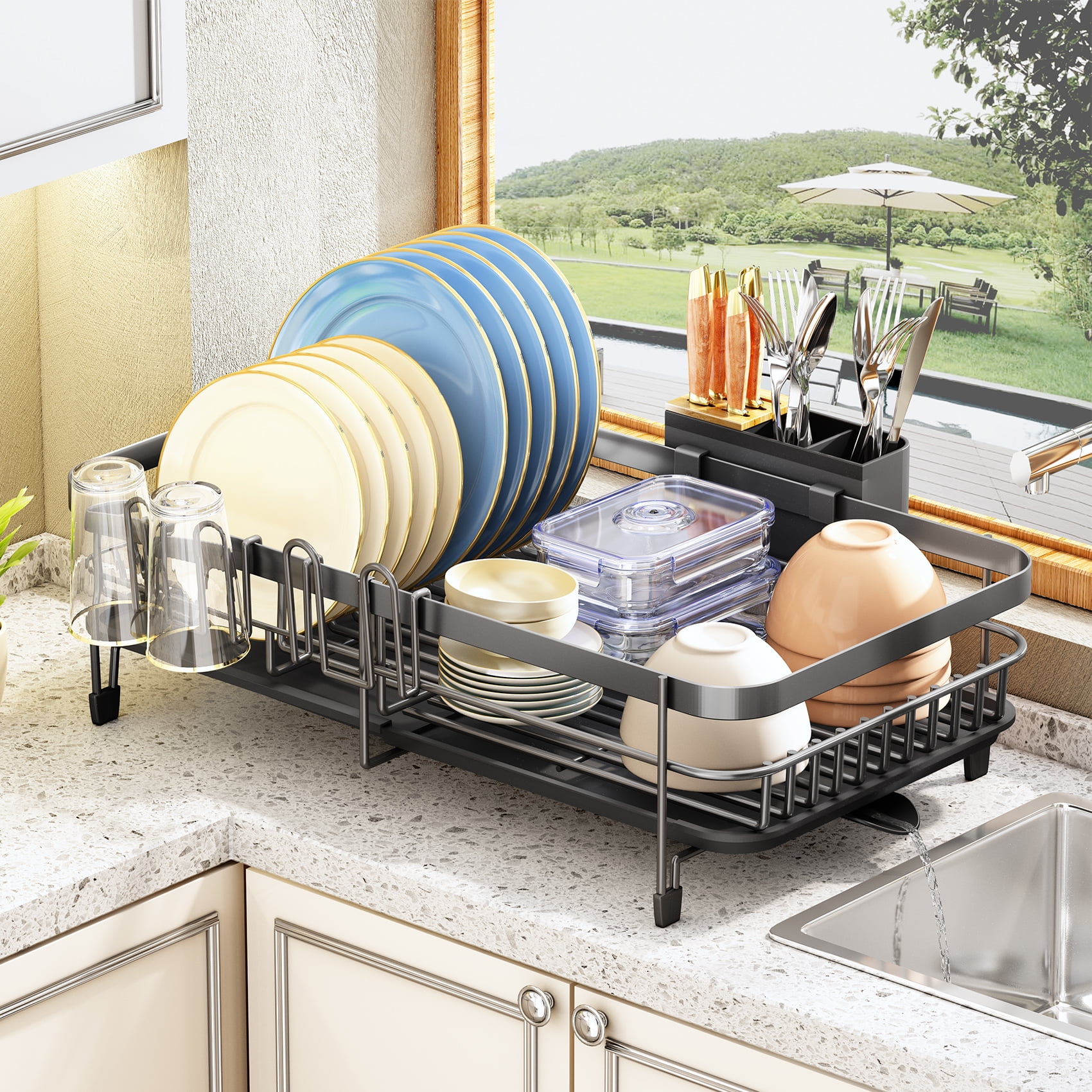 SAYZH Dish Drying Rack, Expandable(12.8-21.5) Dish Rack with Utensil  Holder Cup Holder, Stainless Steel Dish Rack and Drainboard Set for Kitchen