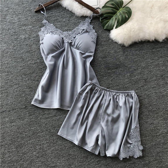 SAZBJOJN 2 Piece Silk Pajamas for Women Satin Lace Trim Spaghetti Strap Cami Top and Shorts Soft Silky Sleepwear Casual Pajamas for Women Set Home Loungewear Gray Size M