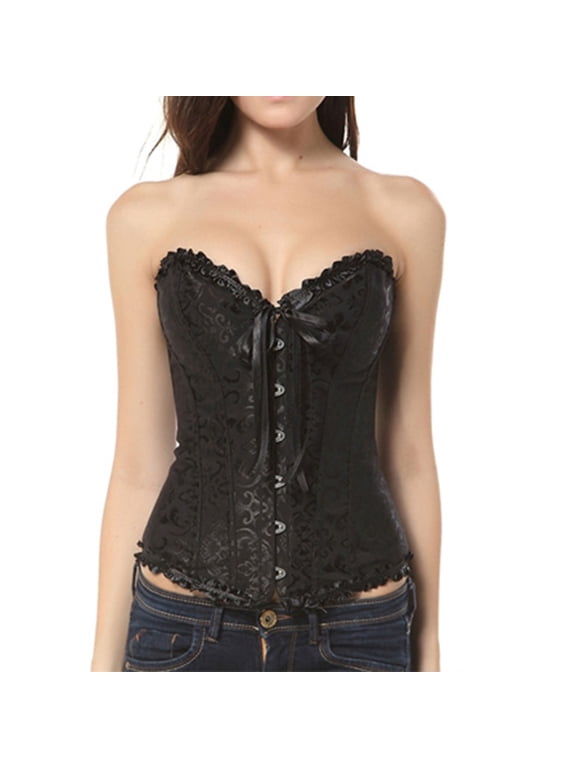 Corset Tops for Women Plus Size Corsets Bustiers Push Up Bodysuit Tummy Control Shapewear Boned Embroidered Tops for Women Black L