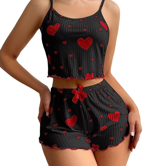 SAZBJOJN Cotton Pajamas for Women Set Heart Print Spaghetti Strap Tank Top & Shorts Pajamas Set Soft Thin Strap Tank Sleepwear Cute PJ Sets for Women Home Casual Nightwear Blue Size L