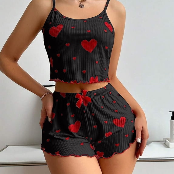 SAZBJOJN Cotton Pajamas for Women Set Heart Print Spaghetti Strap Tank Top & Shorts Pajamas Set Soft Thin Strap Tank Sleepwear Cute PJ Sets for Women Home Casual Nightwear Blue Size S