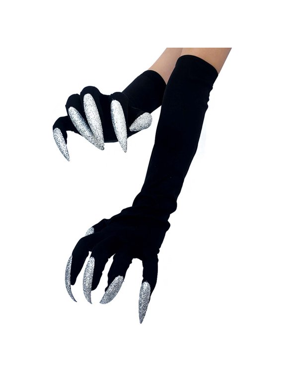 Halloween Gloves for Women Men Halloween Long Nails Ghost Gloves Adult Horror Monster Hand Gloves Halloween Party Dress Up Halloween Decorations One Size Silver