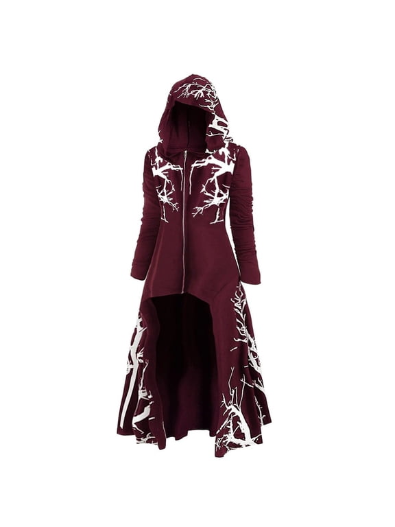 Halloween Hoodies for Women Zip Up Cape Root Print Loose High Low Cloak Jacket Womens Tops Plus Size Casual Dress Hoodie for Daily Halloween Party Wear Size XL Red
