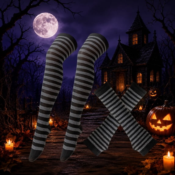 SAZBJOJN Halloween Socks Gloves Set Halloween Christmas Party Costume Accessory Solid Striped Over The Knee Socks Fingerless Gloves Set One Size Gray