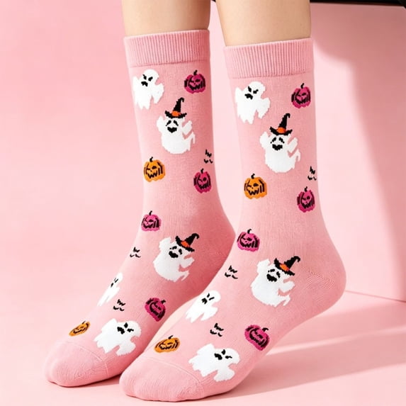 SAZBJOJN Halloween Socks for Women Men Fun Holiday Graphic Crew Socks Printed Mid Calf Socks Soft Stretch Novelty Cute Socks for Halloween Party Daily Wear One Size Pink