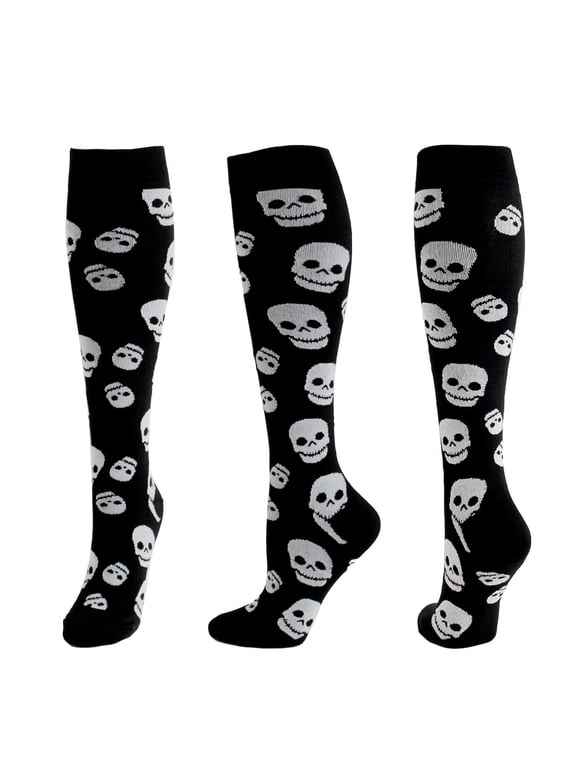 Knee High Socks for Women Men Halloween Skull Compression Mid Calf Socks Stretchy Elastic Support Socks for Men Holiday Party Costume Travel Sport Daily Wear S White
