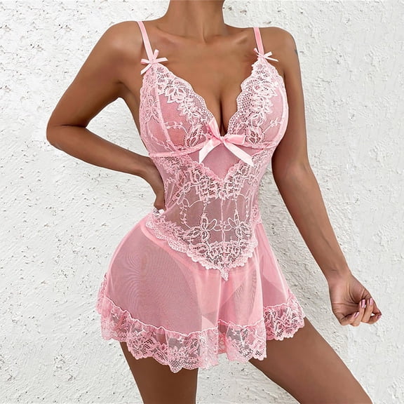 SAZBJOJN Lingerie for Women Short Knee Length Nightgown with Matching Panties Soft Sleepwear Lace Lingerie Set for Wedding Night Party Color Pink M