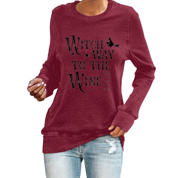SAZBJOJN Long Sleeve Shirts for Women Witch Way to the Wine Letter Funny Halloween Print Crew Neck Pullover Tops for Women Wine Drinker Gift Halloween Shirts Size M Red