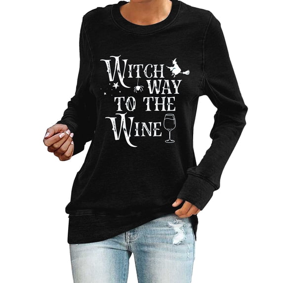 SAZBJOJN Long Sleeve Shirts for Women Witch Way to the Wine Letter Funny Halloween Print Crew Neck Pullover Tops for Women Wine Drinker Gift Halloween Shirts Size S Black