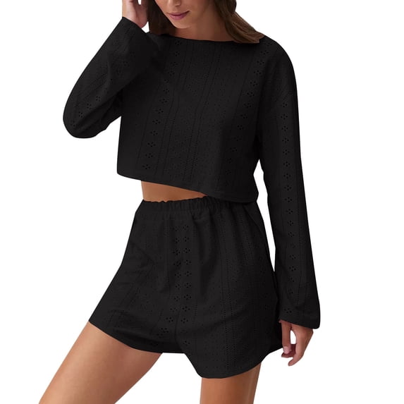 SAZBJOJN Pajamas for Women Set 2 Piece Simple Long Sleeve Top And Shorts Comfy Sleepwear Set Casual Soft Breathable Loose Loungewear Womens Pajama Sets Black Size XL