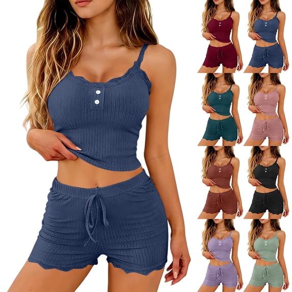 SAZBJOJN Pajamas for Women Set Lace Trim Pajama Set Comfortable Loose Soft Stretch Sleeveless Cami Top & Shorts Loungewear Set Casual Cute Sleepwear Pajamas Red Size L