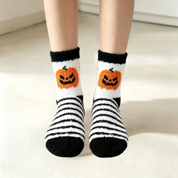 SAZBJOJN Socks for Women Men Halloween Cartoon Coral Fleece Mid Calf Socks Thick Warm Fuzzy Plush Slipper Socks for Indoor Sleep Halloween Party Home Wear One Size White