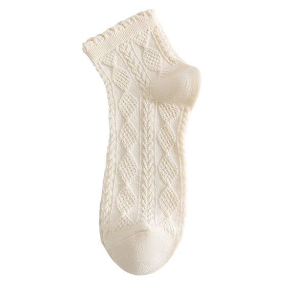 SAZBJOJN Socks for Women Thin Breathable Cotton Mid Crew Socks Ruffled Lace Trim Short Ankle Socks Lightweight Casual Dress Socks Beige A