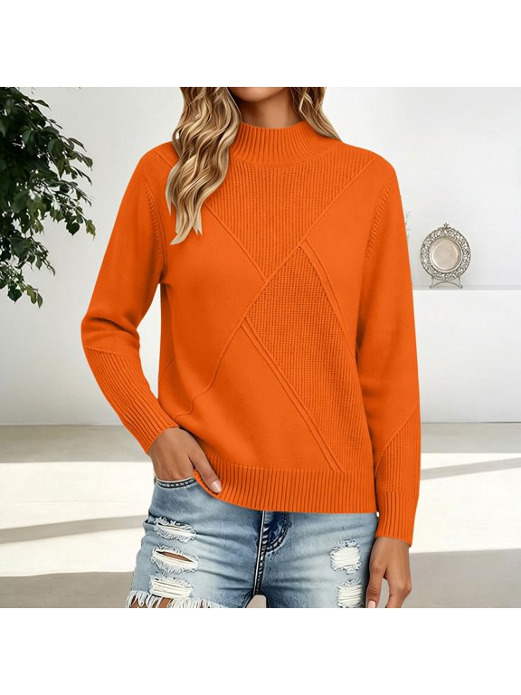Sweaters for Women Mock Neck Thick Knit Sweater Soft Warm Slim Fit Pullover Tops Casual Long Sleeve Base Layer Sweater for Winter Daily Wear Size A Orange