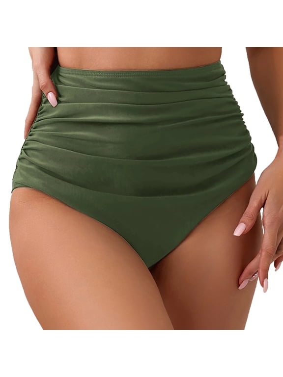 Women Bikini Bottoms High Waisted Vintage Ruched Swim Briefs Lightweight Tummy Control Retro Bathing Suit Bottoms for Beach Pool Summer Swimwear Green M