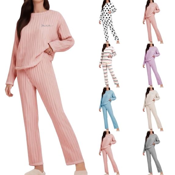 SAZBJOJN Women Coral Fleece Pajamas Set Warm Soft Long Sleeve Top and Long Pants 2 Piece Loungewear Cozy Sleepwear PJ Sets for Woman Cold Winter Nights White Size M