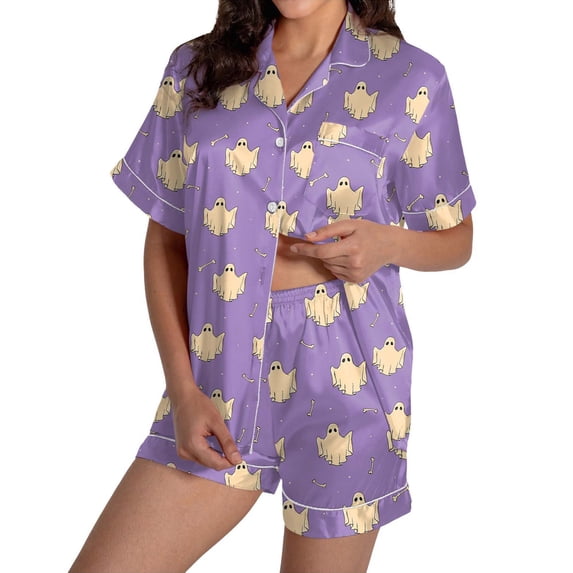 SAZBJOJN Women's Halloween Pajama Sets Collared Short Sleeve Top and Shorts Pumpkin Ghost Print 2 PC Loungewear Pajamas for Women Matching Home Sleep Night Beige L