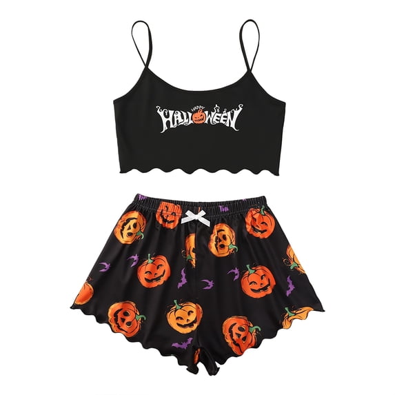 SAZBJOJN Women's Halloween Pajama Sets Pumpkin Print Sleeveless Top and Shorts 2 Piece Loungewear Soft Lightweight Pajamas for Women Set Holiday Nightwear Black M