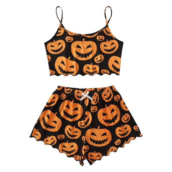 SAZBJOJN Women's Halloween Pajama Sets Pumpkin Print Sleeveless Top and Shorts 2 Piece Loungewear Soft Lightweight Pajamas for Women Set Holiday Nightwear Blue M