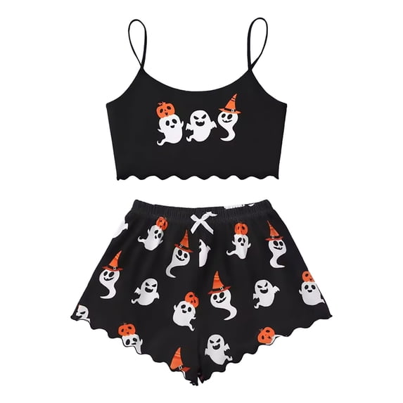 SAZBJOJN Women's Halloween Pajama Sets Pumpkin Print Sleeveless Top and Shorts 2 Piece Loungewear Soft Lightweight Pajamas for Women Set Holiday Nightwear Gray S
