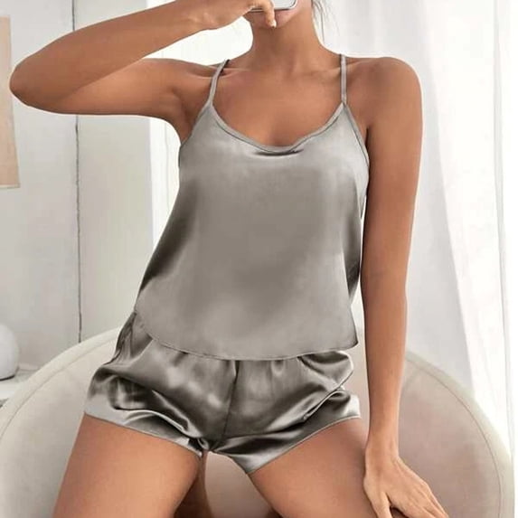 SAZBJOJN Women's Satin Pajama Set Spaghetti Strap Loose Top and Elastic Waist Shorts Soft Silky Loungewear Sleepwear Casual Nightwear Pajamas for Women Set Gray Size S