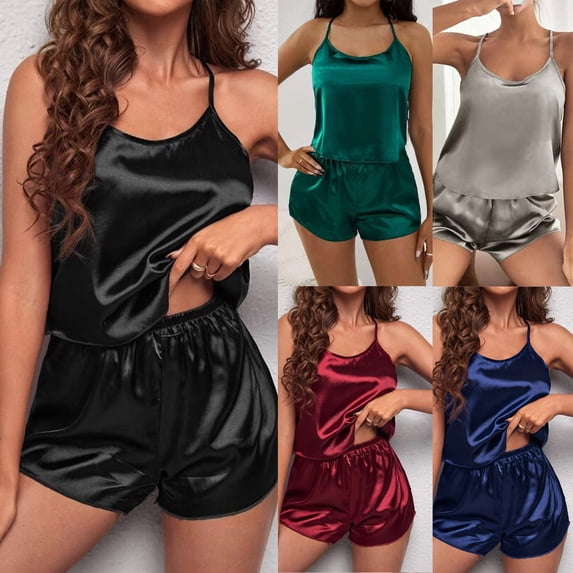 SAZBJOJN Women's Satin Pajama Set Spaghetti Strap Loose Top and Elastic Waist Shorts Soft Silky Loungewear Sleepwear Casual Nightwear Pajamas for Women Set Red Size M