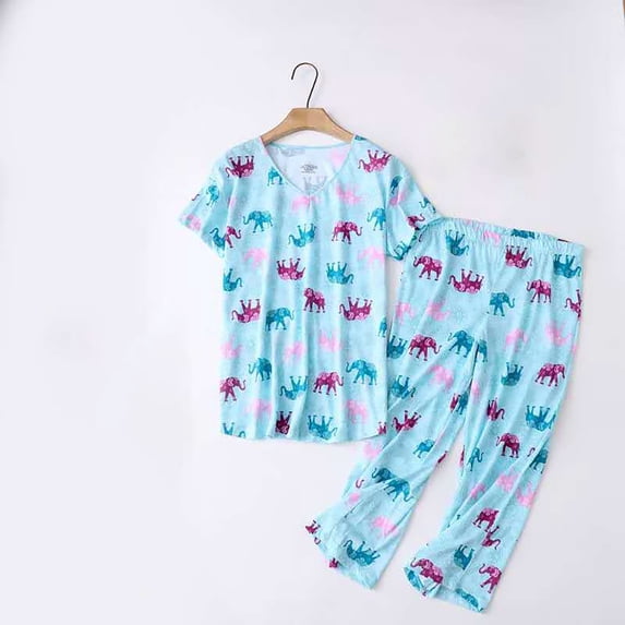 SAZBJOJN Womens Cotton Pajama Sets 2 Piece Printed Short Sleeve Top and Capri Pants Sleepwear Cute Soft Loose Loungewear Daily Family Clothes Pajamas for Women Set Blue Size 2XL
