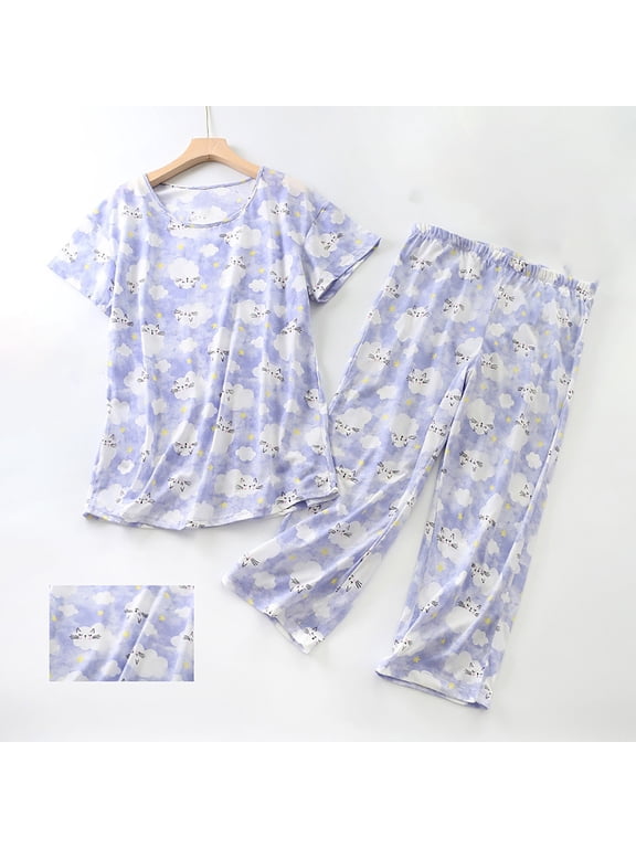 Womens Cotton Pajama Sets 2 Piece Printed Short Sleeve Top and Capri Pants Sleepwear Cute Soft Loose Loungewear Daily Family Clothes Pajamas for Women Set Purple Size 3XL