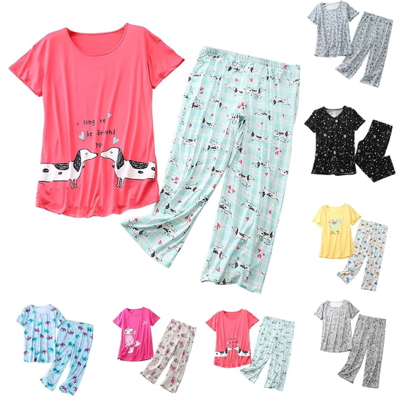 SAZBJOJN Womens Cotton Pajama Sets 2 Piece Printed Short Sleeve Top and Capri Pants Sleepwear Cute Soft Loose Loungewear Daily Family Clothes Pajamas for Women Set Yellow Size M