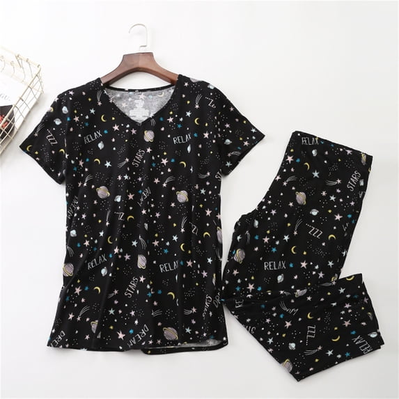 SAZBJOJN Womens Cotton Pajama Sets 2 Piece Printed Short Sleeve Top and Capri Pants Sleepwear Cute Soft Loose Loungewear Daily Family Clothes Pajamas for Women Set Black Size S