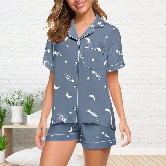 SAZBJOJN Womens Cute Pajama Sets Printed Button Down Collar Sleepwear 2 Piece Set With Pockets Short Sleeve Top and Shorts Soft Lightweight Loungewear Pjs Blue Size 2XL