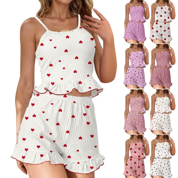 SAZBJOJN Womens Pajama Sets 2 Piece Heart Polka Dot Pajama Set Ruffle Trim Ribbed Tank Top & Elastic Waist Shorts Summer Loungewear Sleepwear Cute Casual Pajamas for Women Set White Size M