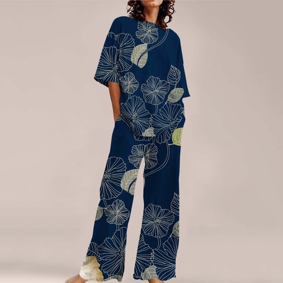 SAZBJOJN Womens Pajama Sets Fashion Printed Short Sleeve Top With Pockets and Long Pants 2 Piece Sleepwear Loungewear Sets Oversized Comfy Pajamas for Women Set Blue Size XL