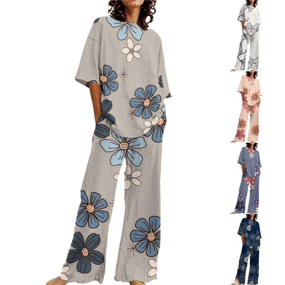 SAZBJOJN Womens Pajama Sets Fashion Printed Short Sleeve Top With Pockets and Long Pants 2 Piece Sleepwear Loungewear Sets Oversized Comfy Pajamas for Women Set White Size M