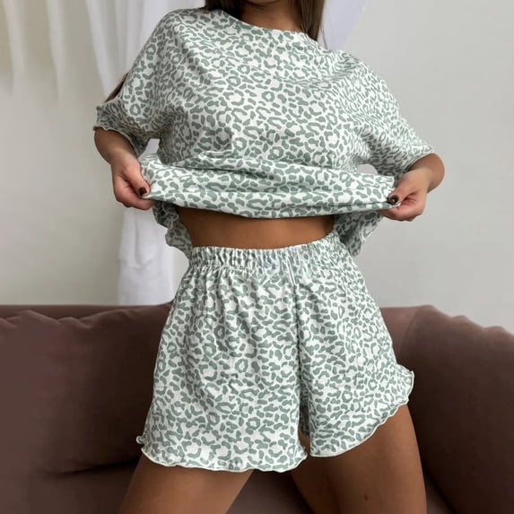 SAZBJOJN Womens Pajama Sets Leopard Print Ruffle Short Sleeve Top and Elastic Waist Shorts 2 Piece Soft Casual Loungewear Sleepwear for Women Home Wear Green Size S