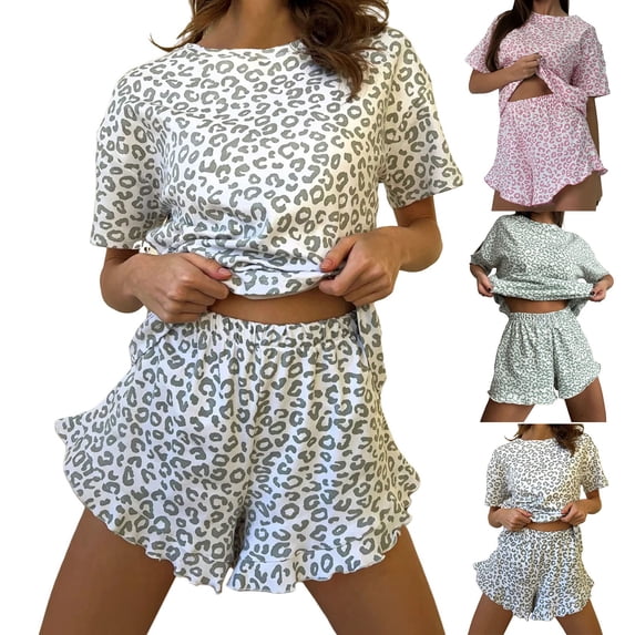 SAZBJOJN Womens Pajama Sets Leopard Print Ruffle Short Sleeve Top and Elastic Waist Shorts 2 Piece Soft Casual Loungewear Sleepwear for Women Home Wear Red Size S