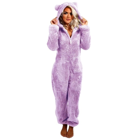 SAZBJOJN Womens Pajamas Fleece Lined Hooded Onesie Pajamas Soft Fuzzy Plush One Piece Jumpsuit Warm Cozy Cute Ears Loungewear for Cold Winter Home Wear Size 3XL Purple