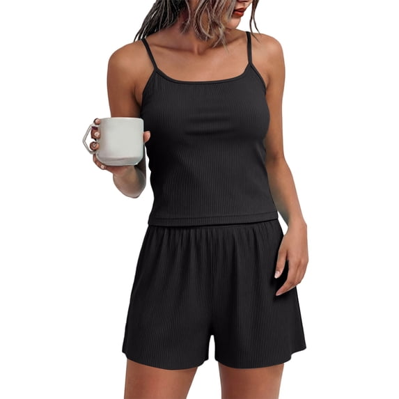 SAZBJOJN Womens Pajamas Set 2 Piece Ribbed Knit Pajama Set Solid Color Spaghetti Strap Cami Top and Elastic Waist Shorts Loungewear Soft Lightweight Pajamas for Women Set Black Size M