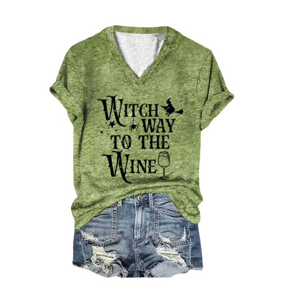 SAZBJOJN Womens Tops Casual V Neck Short Sleeve Tops for Women Witch Way To The Wine Letter Print T Shirt Funny Halloween Shirts for Women Party Daily Wear Size 2XL Green