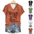 thumbnail image 1 of SAZBJOJN Womens Tops Casual V Neck Short Sleeve Tops for Women Witch Way To The Wine Letter Print T Shirt Funny Halloween Shirts for Women Party Daily Wear Size M White, 1 of 5