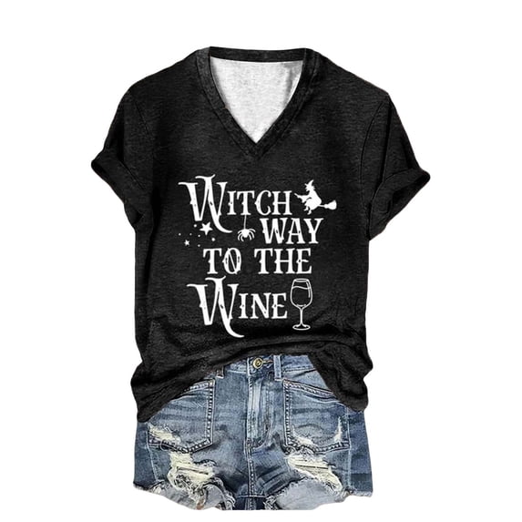 SAZBJOJN Womens Tops Casual V Neck Short Sleeve Tops for Women Witch Way To The Wine Letter Print T Shirt Funny Halloween Shirts for Women Party Daily Wear Size S Black