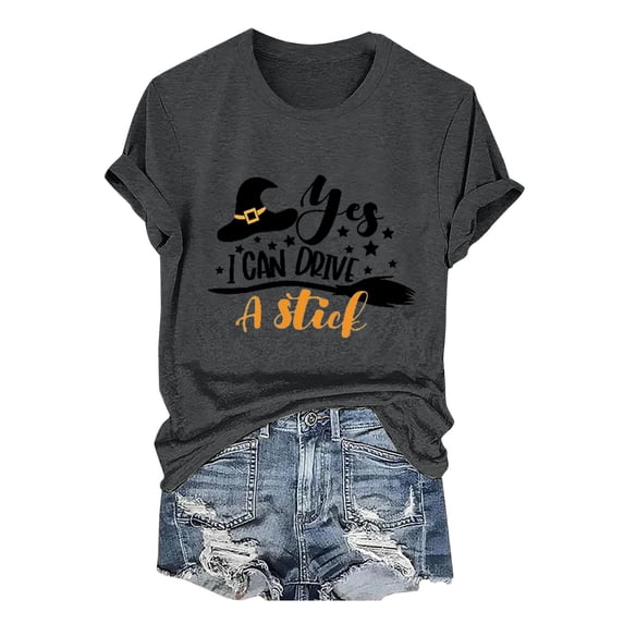 SAZBJOJN Womens Tops Halloween "Yes I Can Drive A Stick!" Printed Crew Neck Tops for Women Loose Comfortable Casual Wear T Shirts for Women Size L Gray