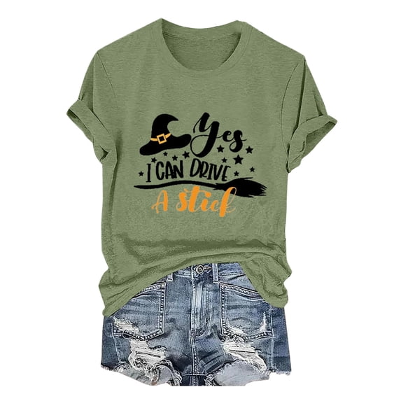 SAZBJOJN Womens Tops Halloween "Yes I Can Drive A Stick!" Printed Crew Neck Tops for Women Loose Comfortable Casual Wear T Shirts for Women Size M Green