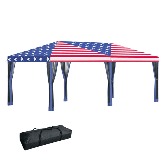 SAZYY 10'x20' American Flag Pop Up Canopy Tent Gazebo with 6 Mesh Sidewalls, Outdoor Event Shelter for Parties, Backyard